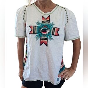 Double D Ranch Serape Aztec Embroidered Studded Western Cotton Top L